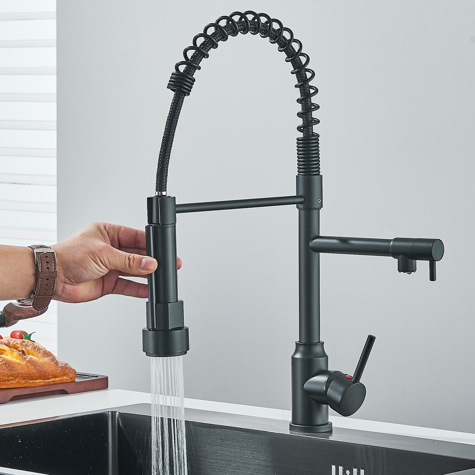 Black Spring Kitchen Faucet Pull Down Sprayer Swivel Single Handle Sink Mixer