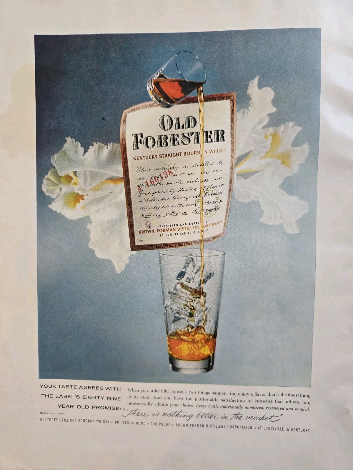1958 Old Forester Kentucky straight bourbon whiskey shot glass vintage Ad