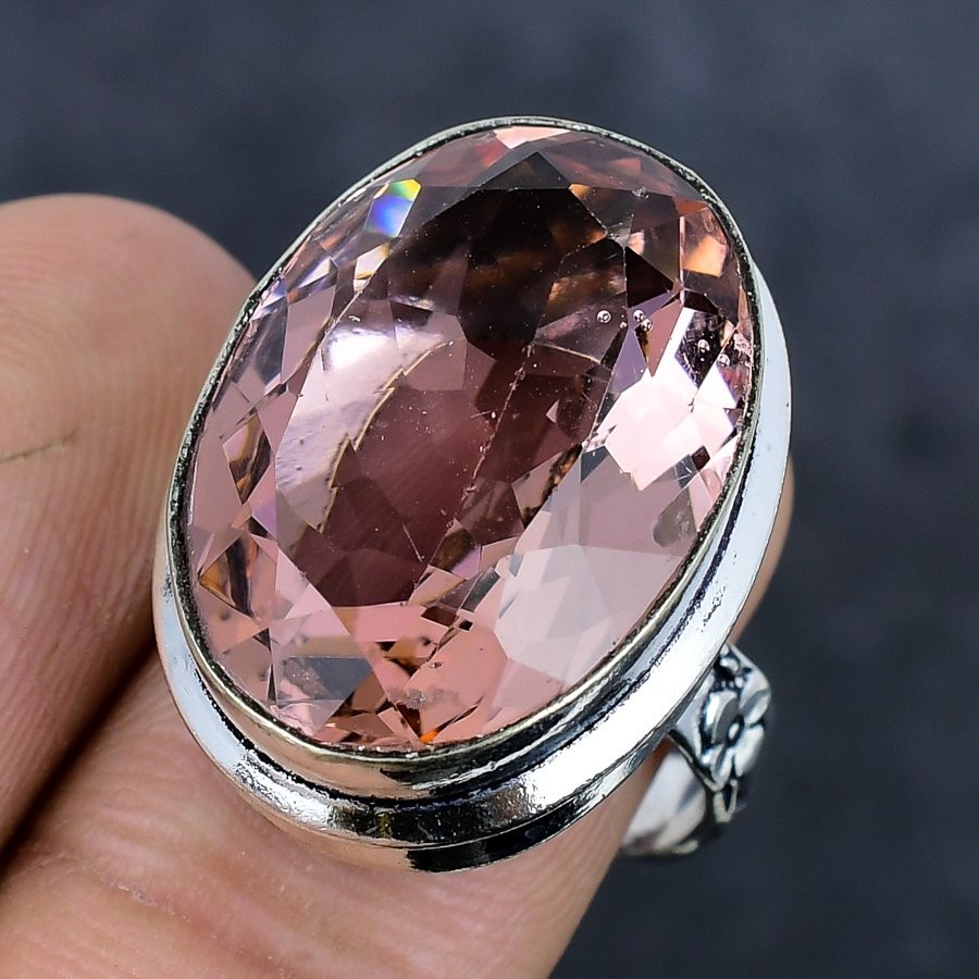 Natural Morganite Gemstone Handmade 925 Sterling Silver Jewelry Ring Size 8 K427