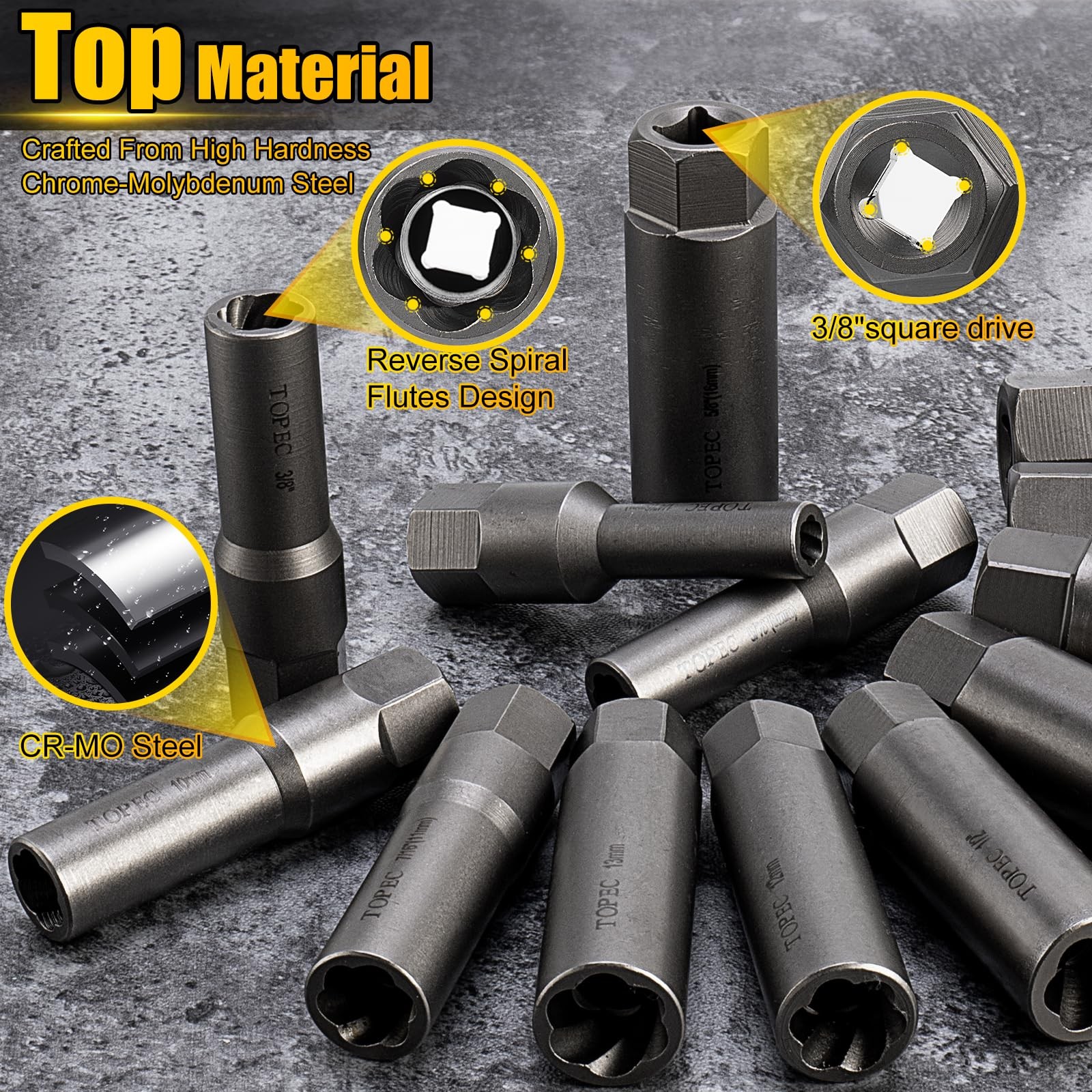 Topec 15PCS Deep Bolt Extractor Kit, 6mm19mm Nut Extractor Socket Set, 3/8" D...