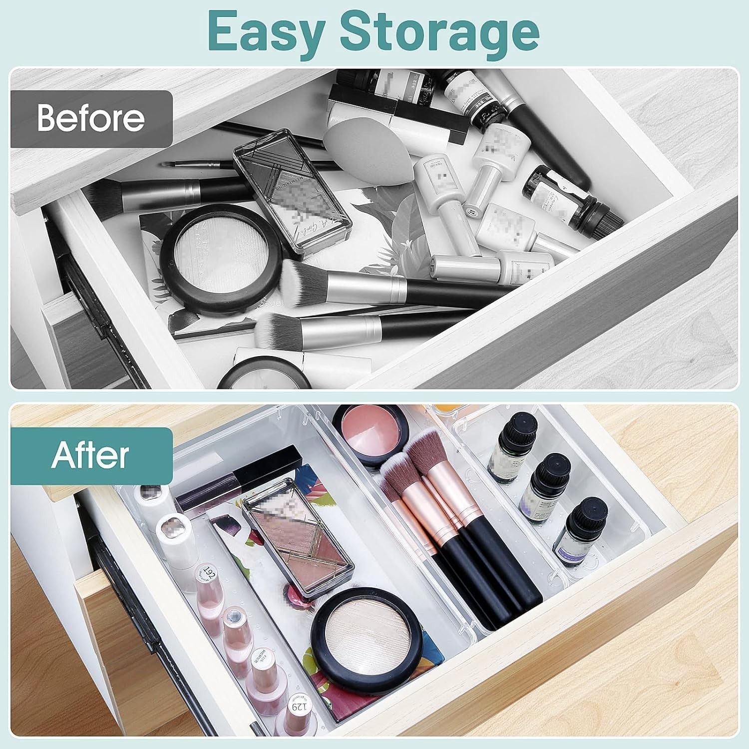 25 PCS Clear Plastic Drawer Organizer Set 4 Size Storage Bins for Makeup