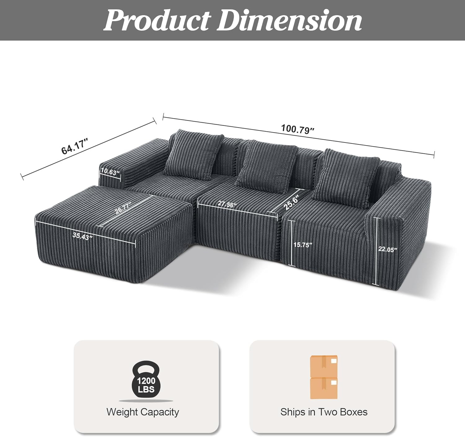Dark Gray Modular L-Shaped Sofa with Chaise & Memory Foam, 101