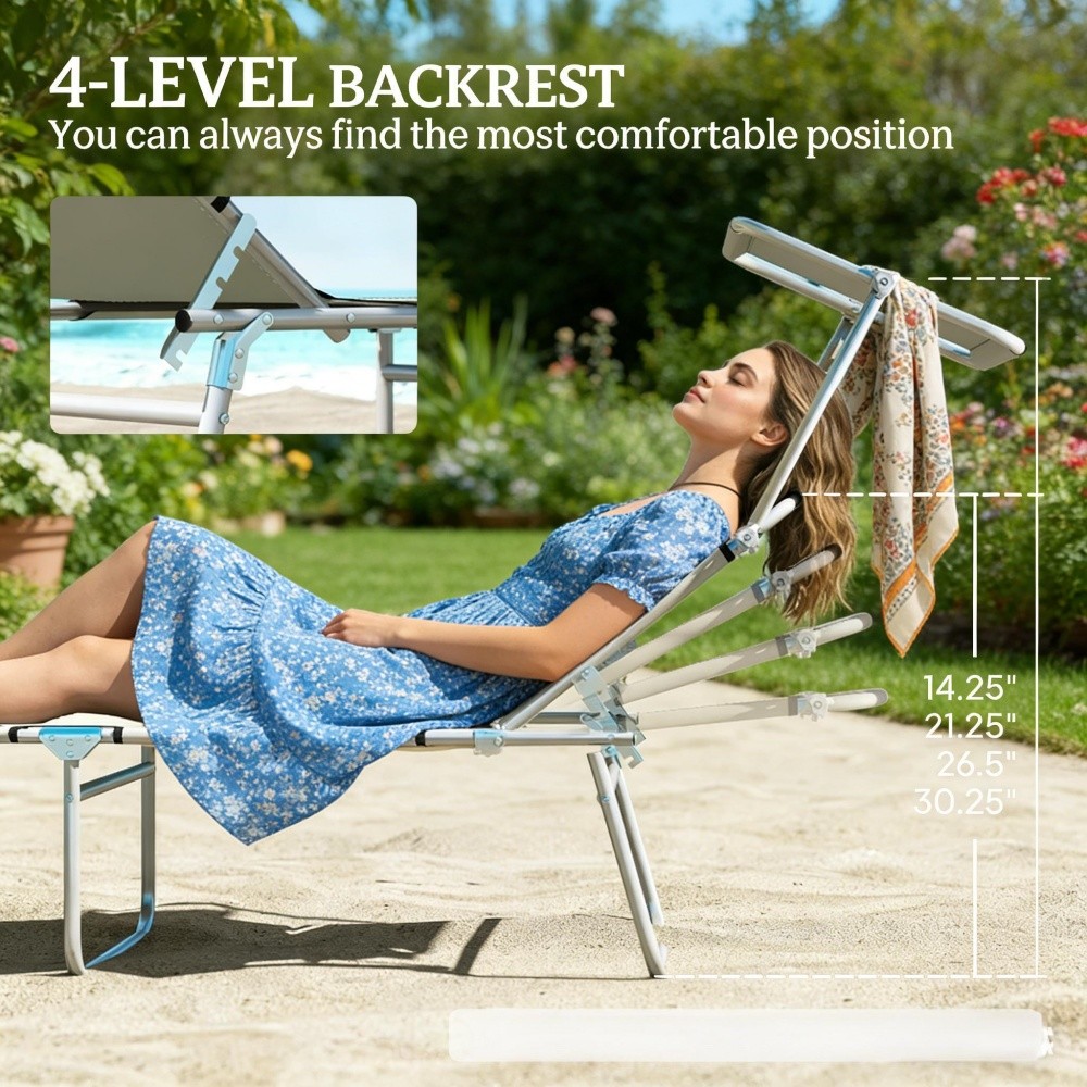 White Chaise Lounge - 4Level Backrest Metal Oxford Cloth W/Awning Foldable 264lb