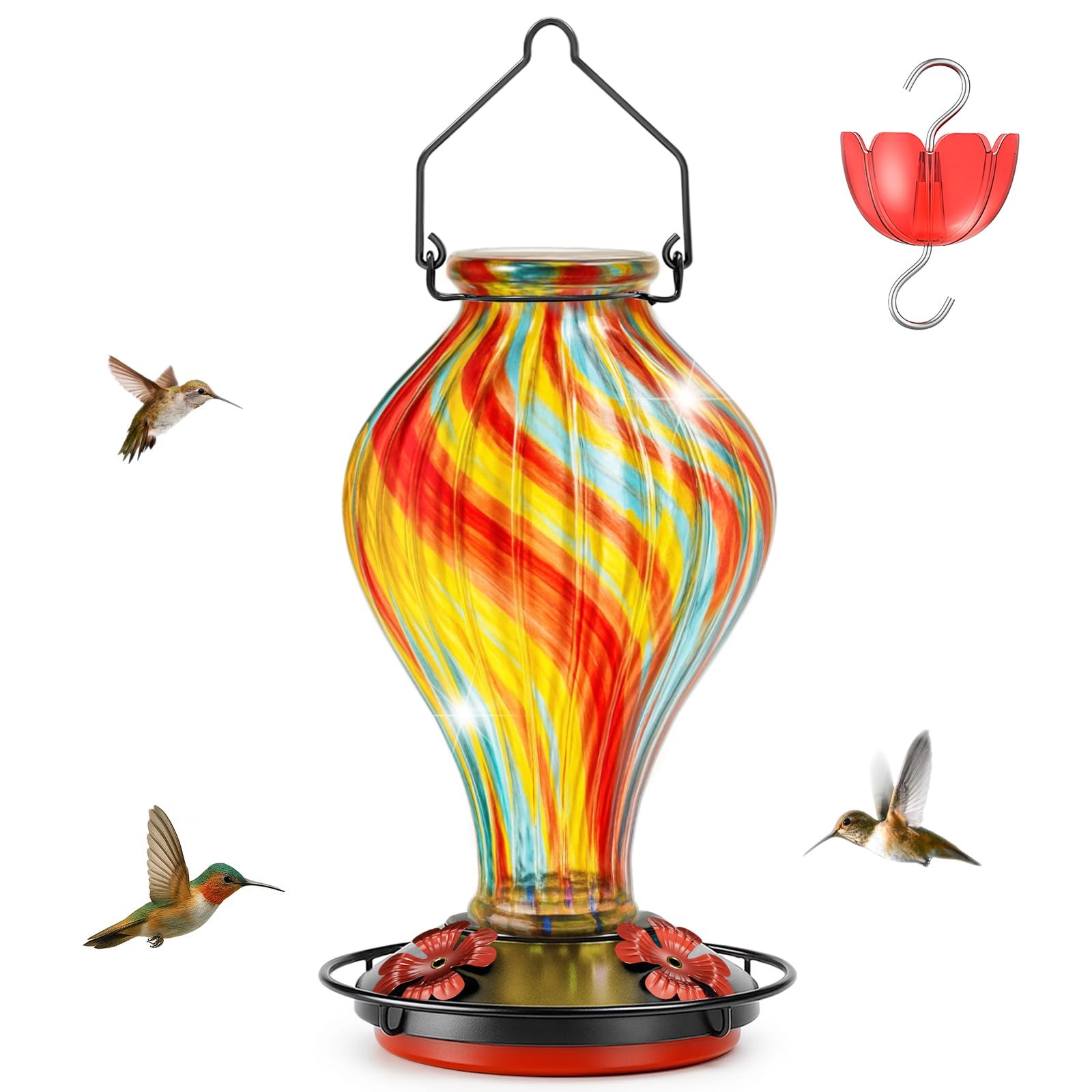 Hummingbird Feeders for Outdoors – Hand Blown Glass Outdoor Red Ribbed