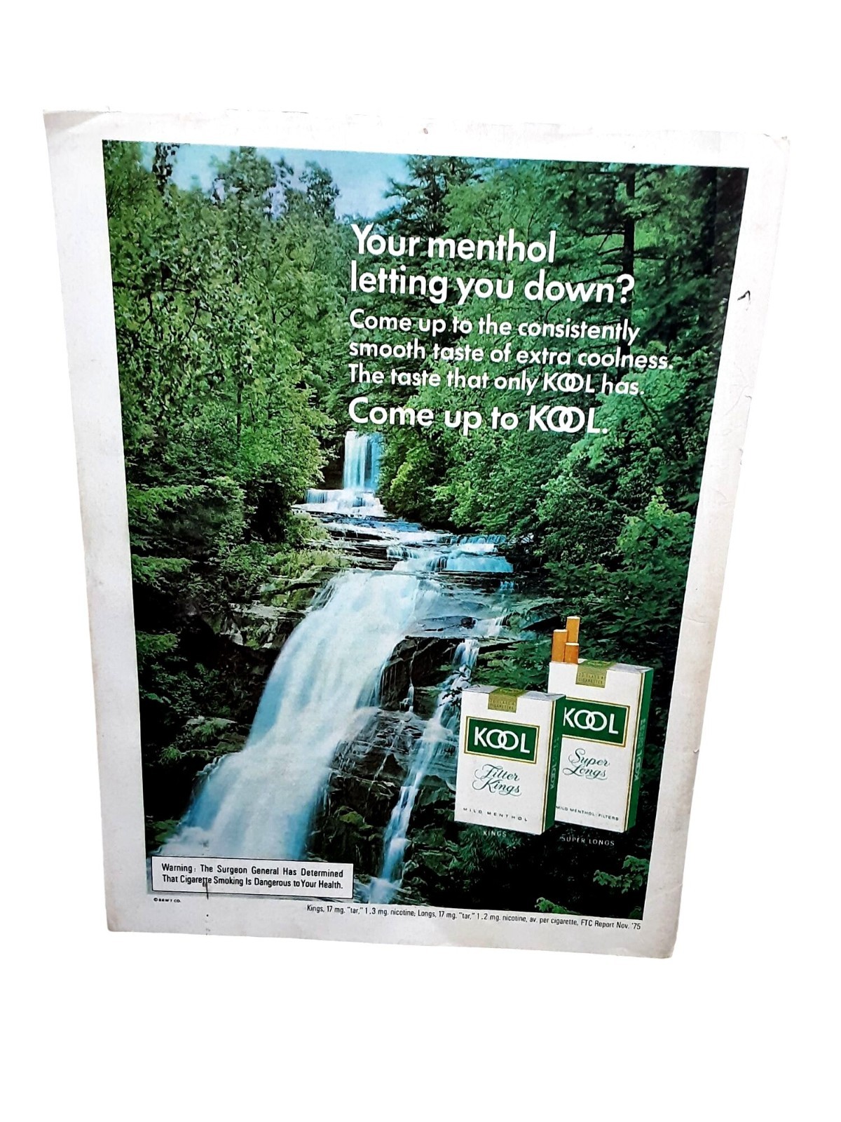 1976 Kool Cigarettes Ad Vintage Print Come Up to Kool Waterfall Scene