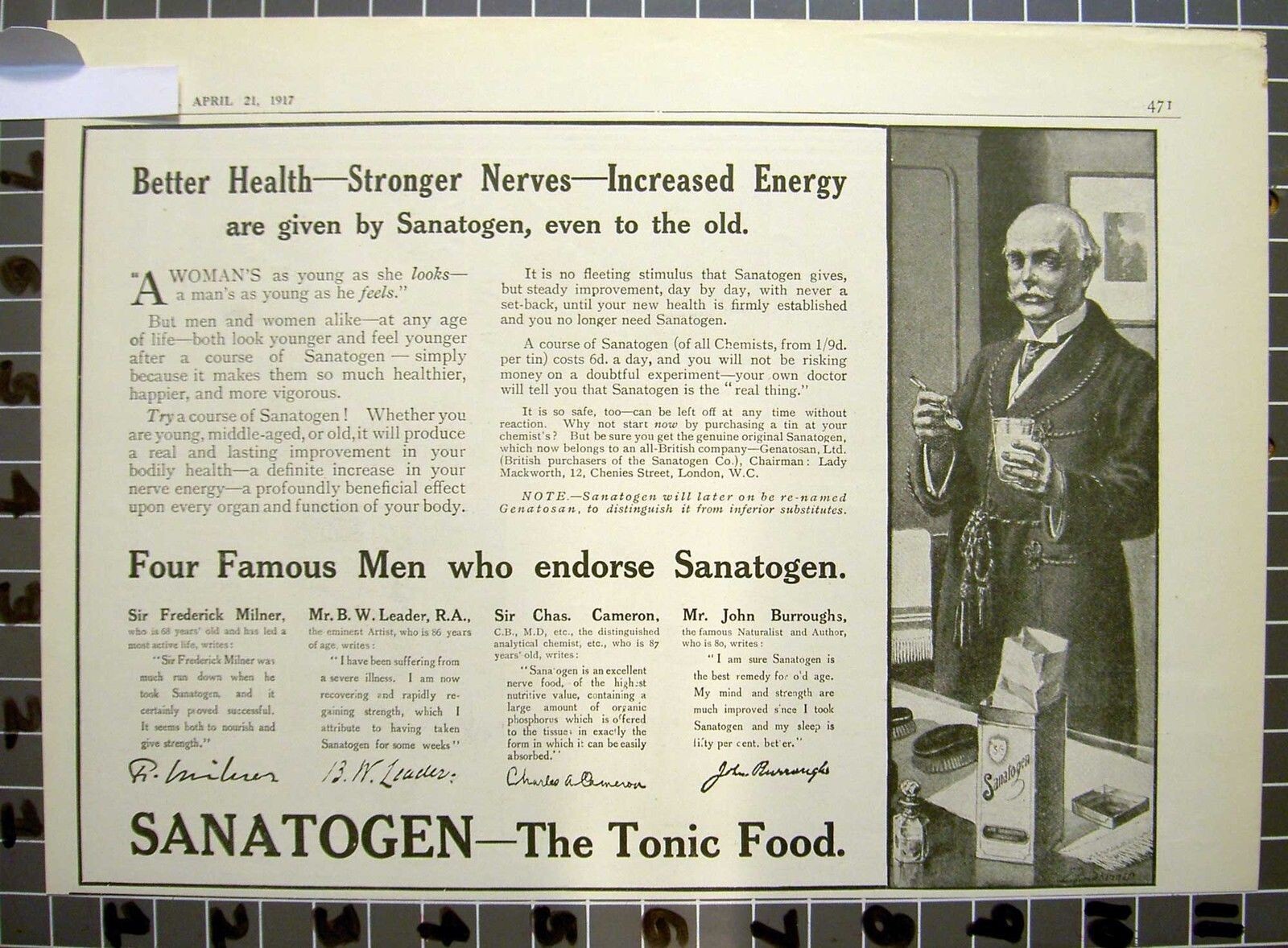 1917 SANATOGEN QUACK MEDICAL HEALTH DOCTOR TONIC CURE NERVE CHEMIST  FD0FD029