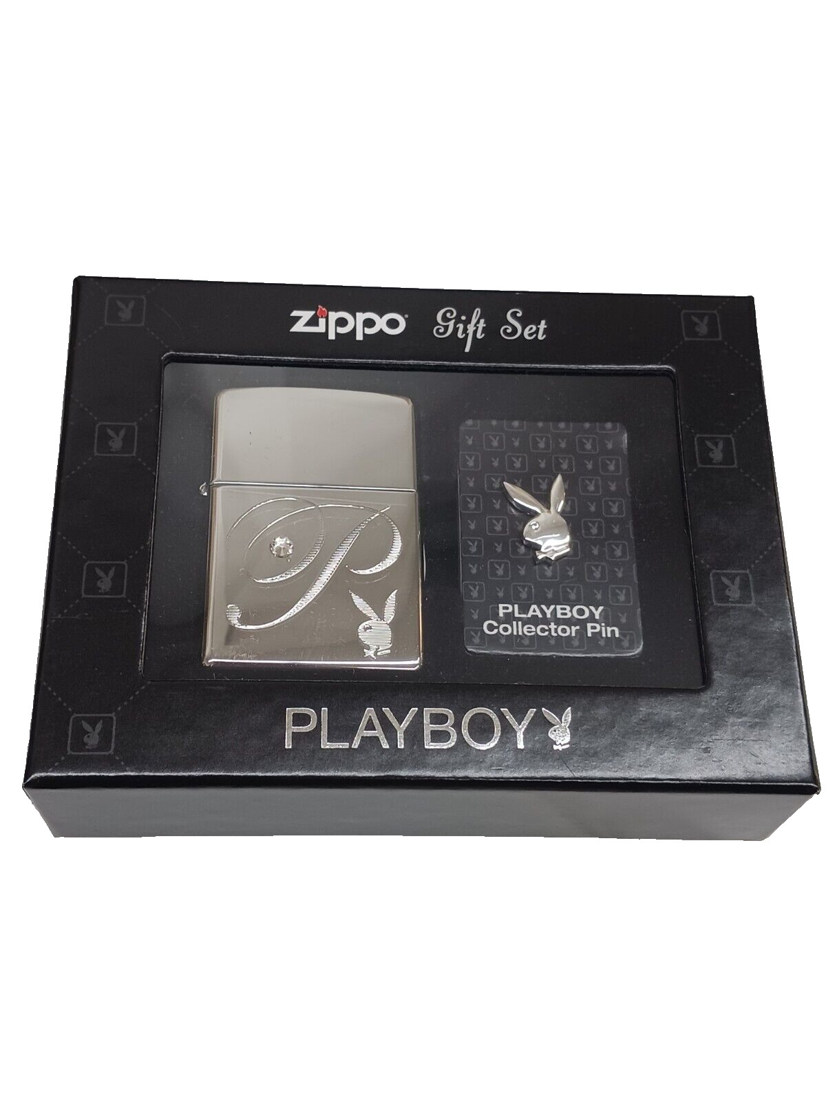 Zippo Playboy High Polish Chrome Lighter and Pin Gift Set 24778
