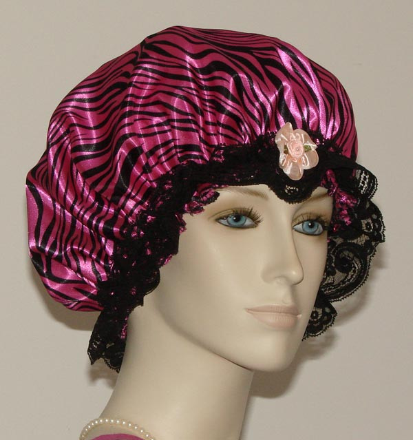 Hair Bonnet Hot PInk Tiger Print Satin w/ Lace or Night Sleep Cap - Adult Size