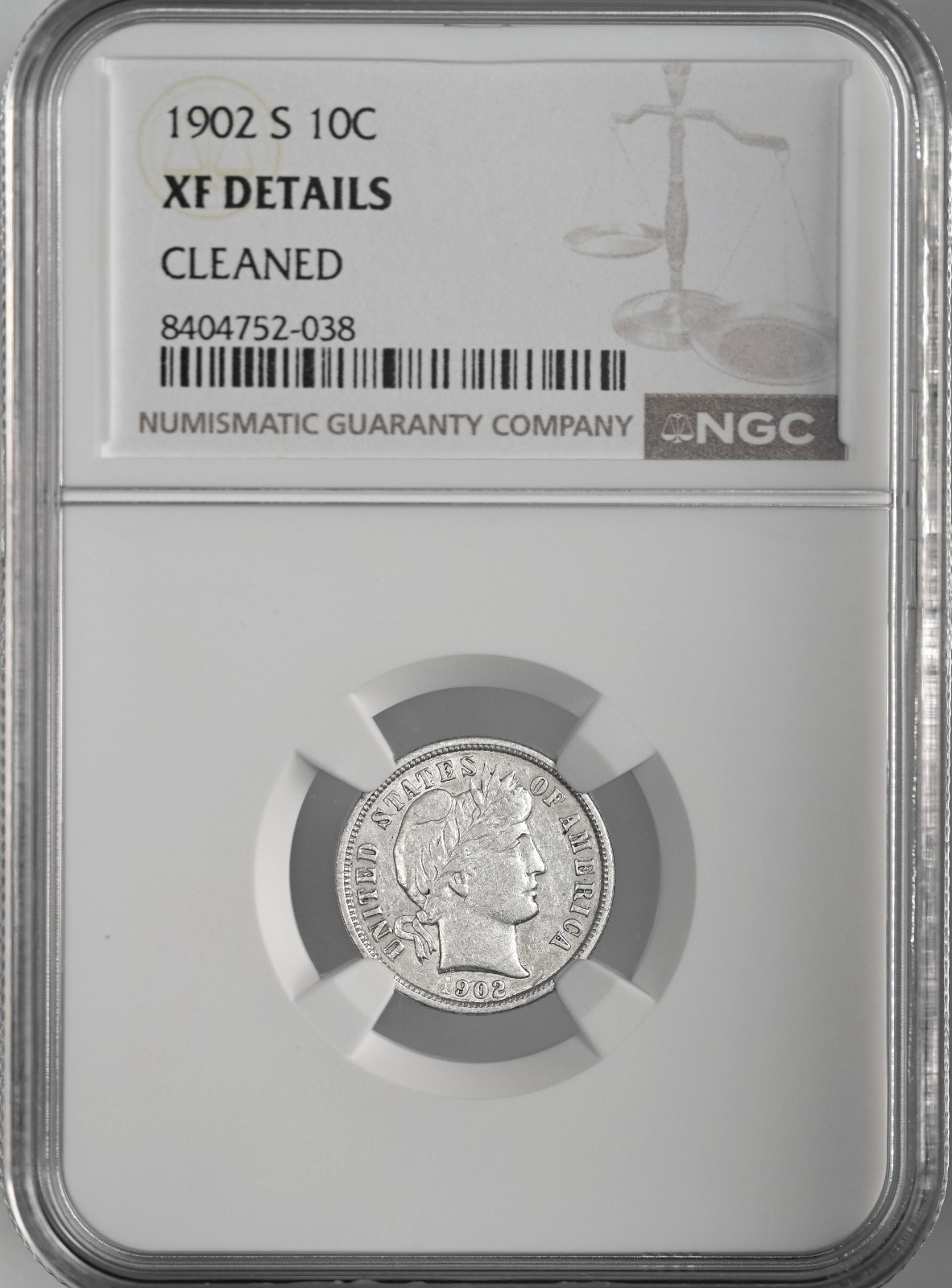 1902-S  10C BARBER SILVER DIME SAN FRANCISCO NGC XF DETAILS CLEANED #8404752-038