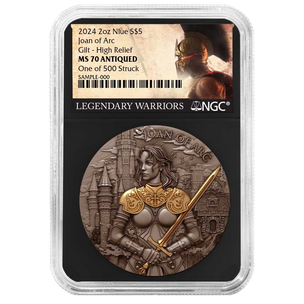 2024 Joan of Arc 2 oz High Relief Silver Antiqued & Gold Gilded NGC MS70