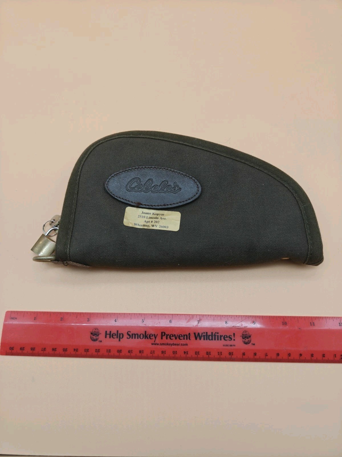 Vintage Cabela's Padded Handgun Pistol Case w/ Keys Canvas Green 8"