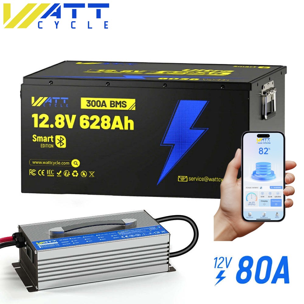 12V 628Ah LiFePO4 Lithium Battery Bluetooth 300A BMS RV Trolling Motor + Charger