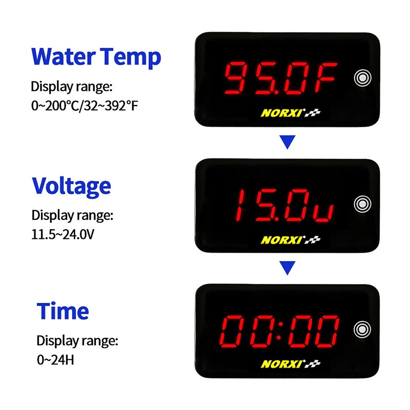 Motorcycle car etc.temperature Thermomete Voltage Time LED Display 3 in 1 Meter