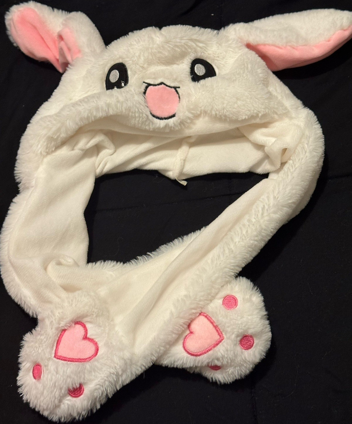 White Bunny Rabbit Cartoon Animal Hat with Pink Ears and Heart Paw Details