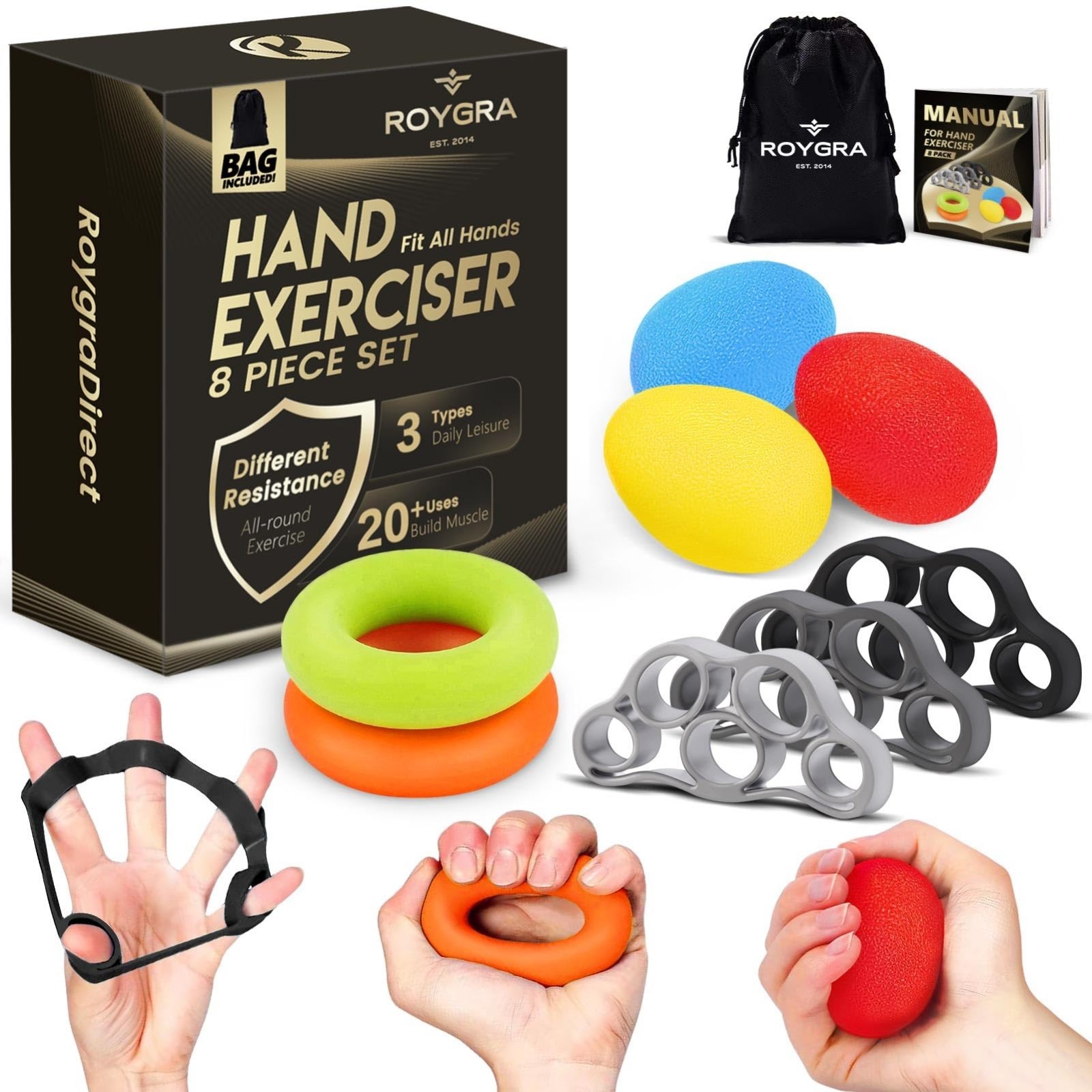 roygra Grip Strength Trainer (8 Pack), Forearm Strengthener, Stress Balls for Ad