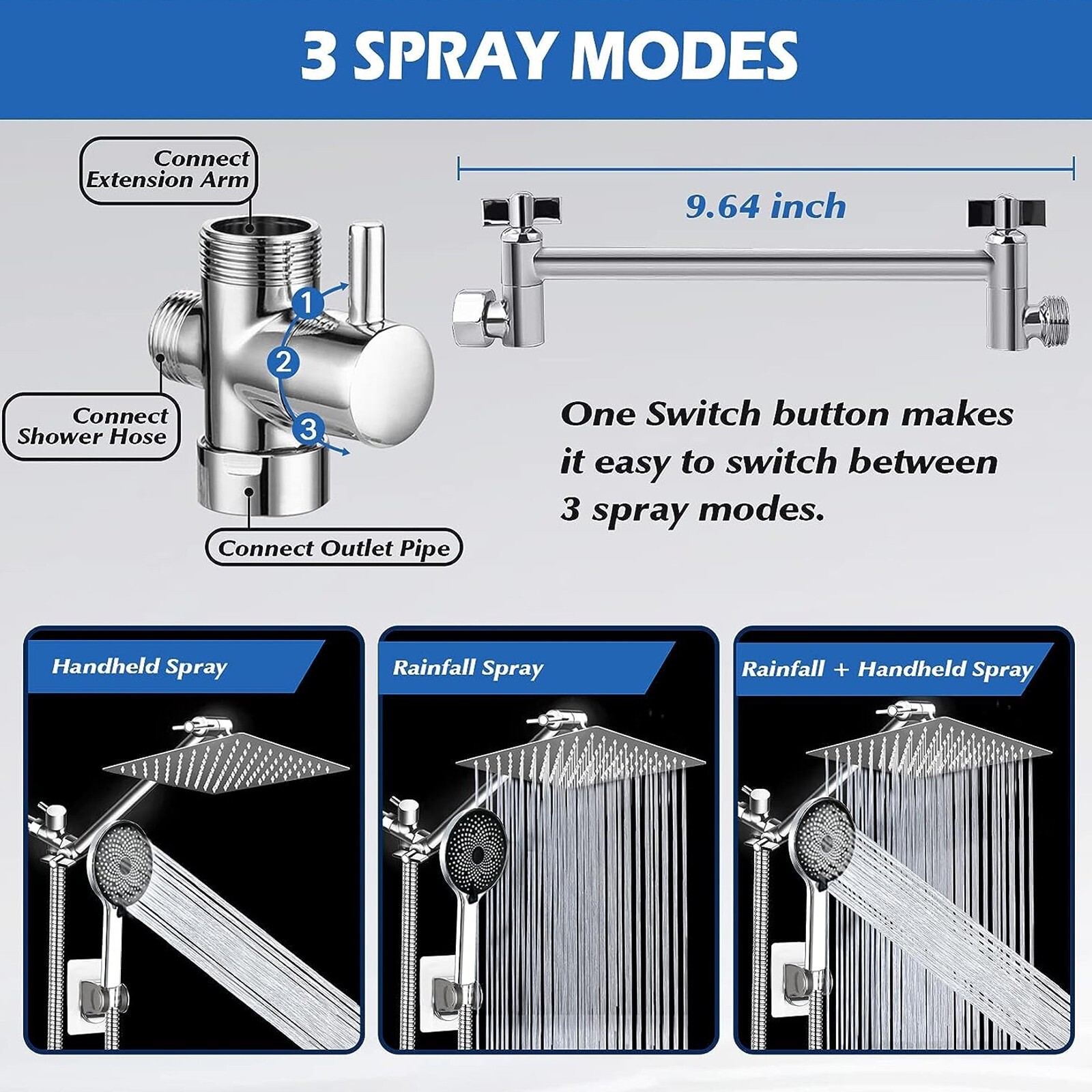 Rain Shower Head w/ Handheld Spray Combo High Pressure Extension Adjustable Arm