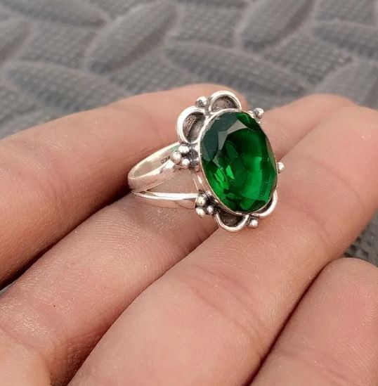 Handmade Emerald Ring 925 Sterling Silver Boho Statement Ring All Size R 514