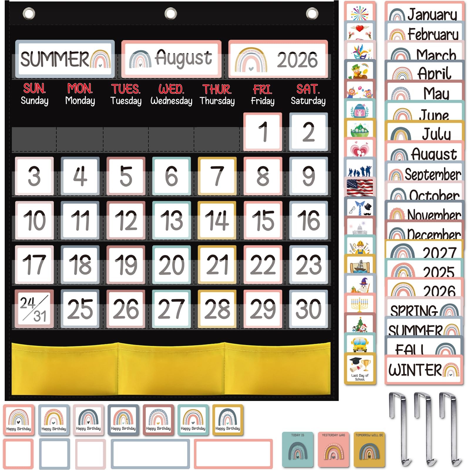 Black Classroom Calendar Pocket Chart with 89 Cards for Students Large Classr