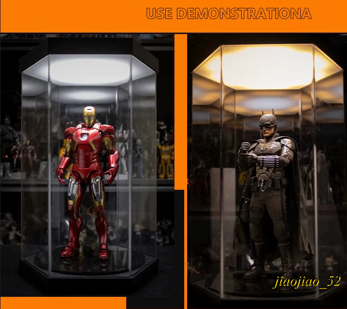 LED Rotating Hex Acrylic Display Box Silent Turntable Figure Model Dust Showcase