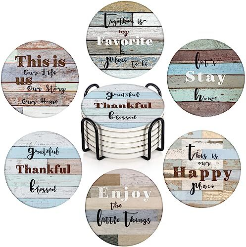 Coasters for Drinks Set of 6, Farmhouse Wood Home Happy Saying Colorful Wood
