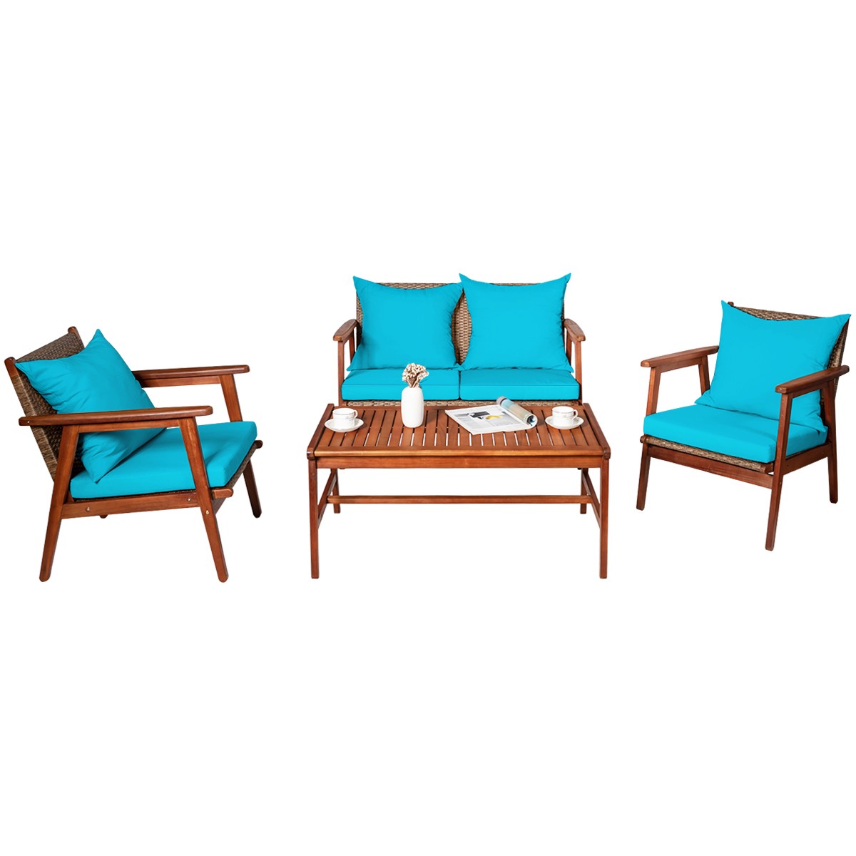4PCS Patio Rattan Furniture Set Acacia Wood Frame Cushioned Sofa Chair Turquoise