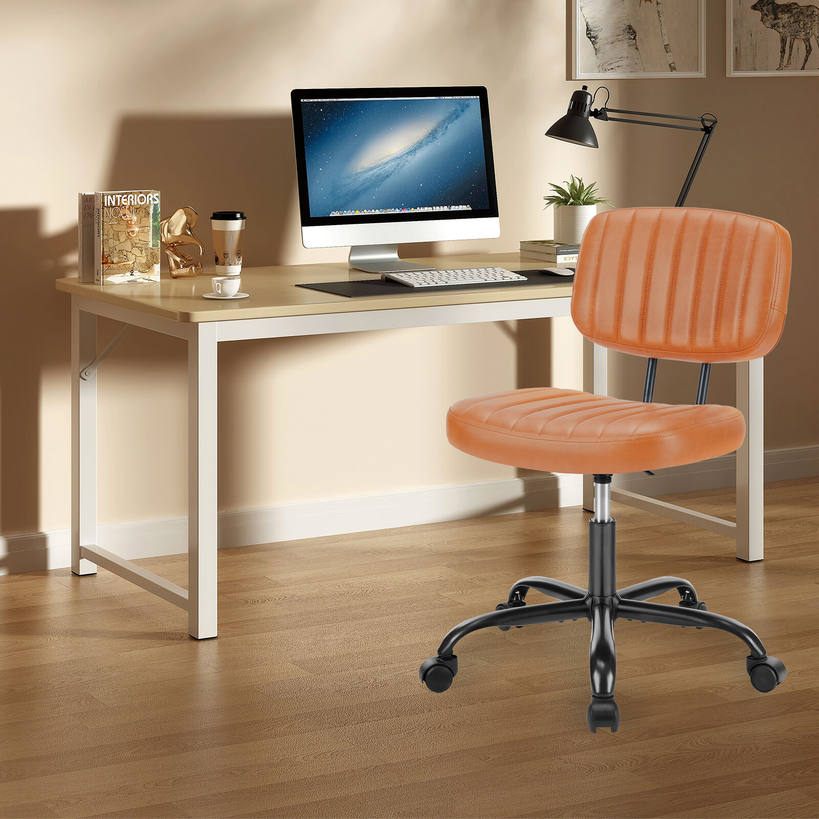 Small Office Chair Armless with Wheel Swivel Height Adjustable Desk Seat Leather