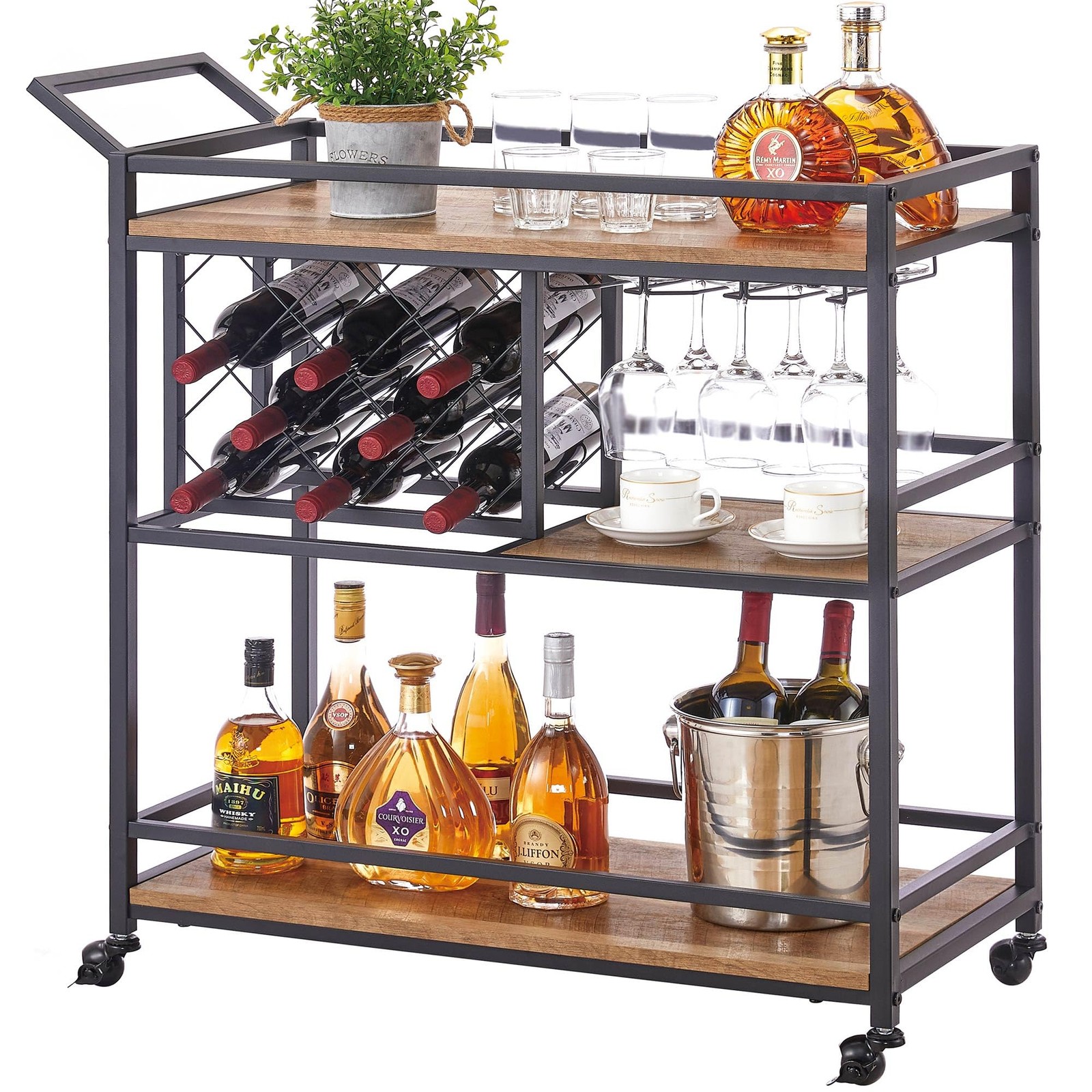 Bar Cart for The Home, Rolling Wine Carts on Wheels with 3 Tier Wood Shelves,...