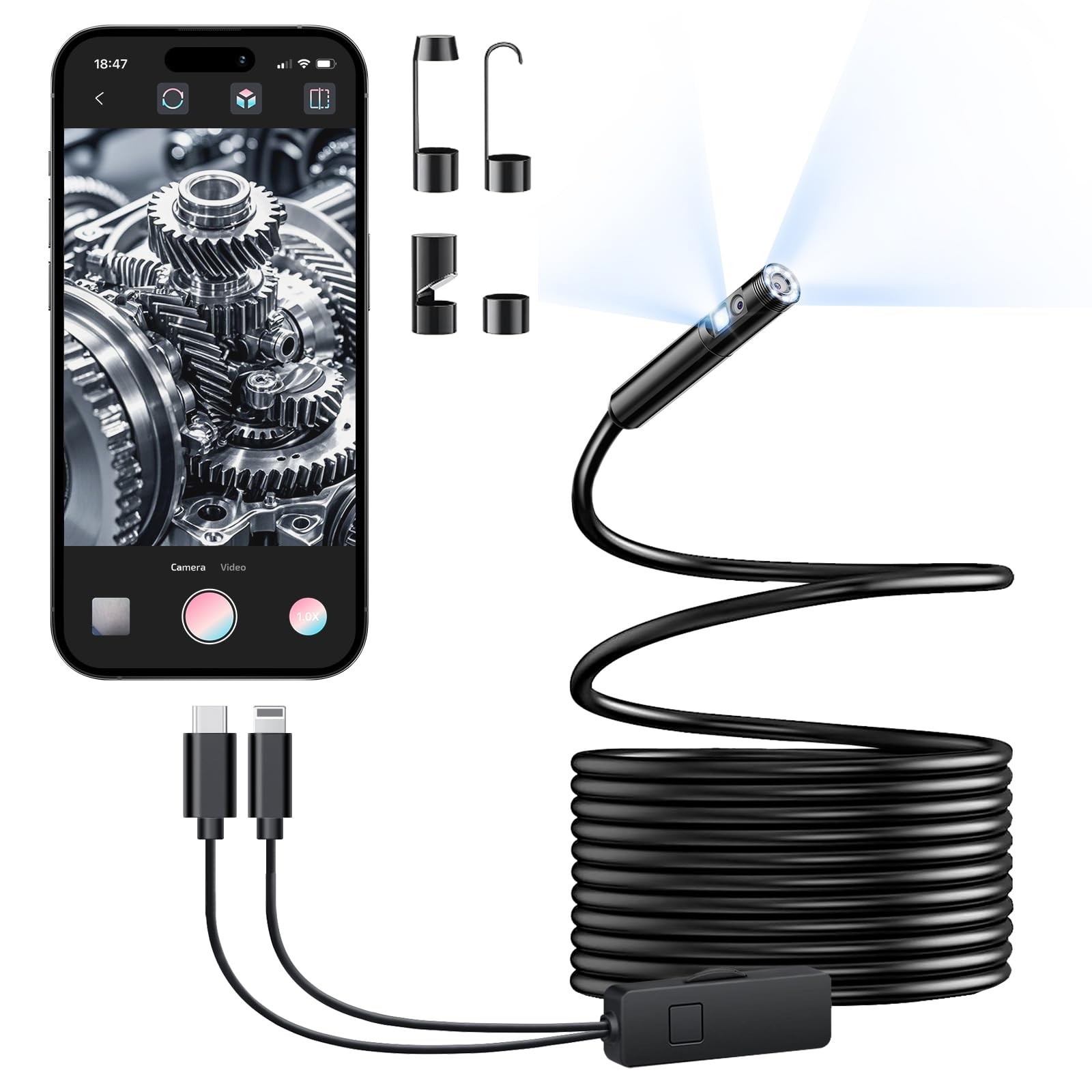 Endoscope Camera with Light, Dual-Lens 1920P HD Borescope with 8+1 ... Fast Ship