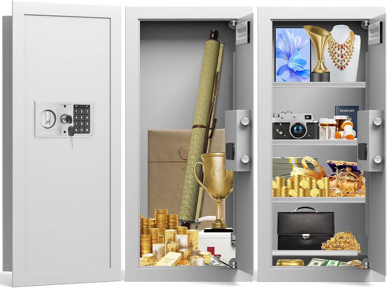 Fireproof In-Wall Safe with Combination Lock & 3 Shelves for Jewelry & Documents