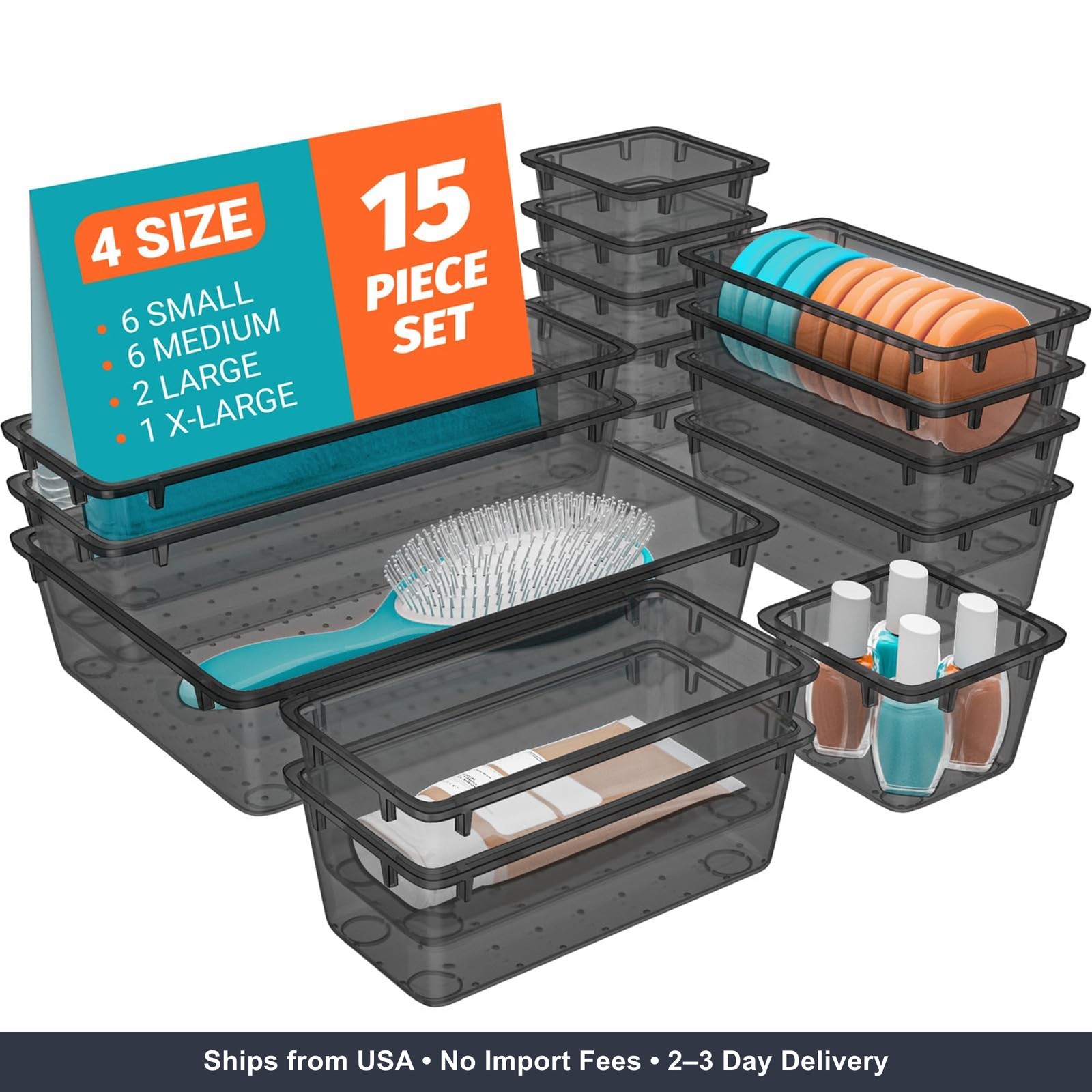 SpaceHacks 15 PCS Clear Plastic Drawer Organizer Set, 4-Size Acrylic Drawer Stor