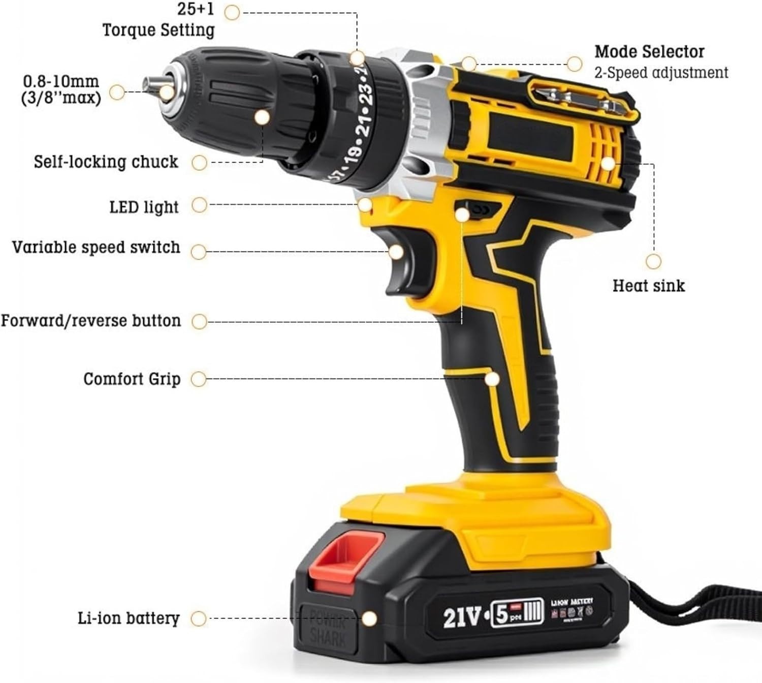 21V Cordless Drill Electric Screwdriver 3/8 Keyless Chuck Work Light