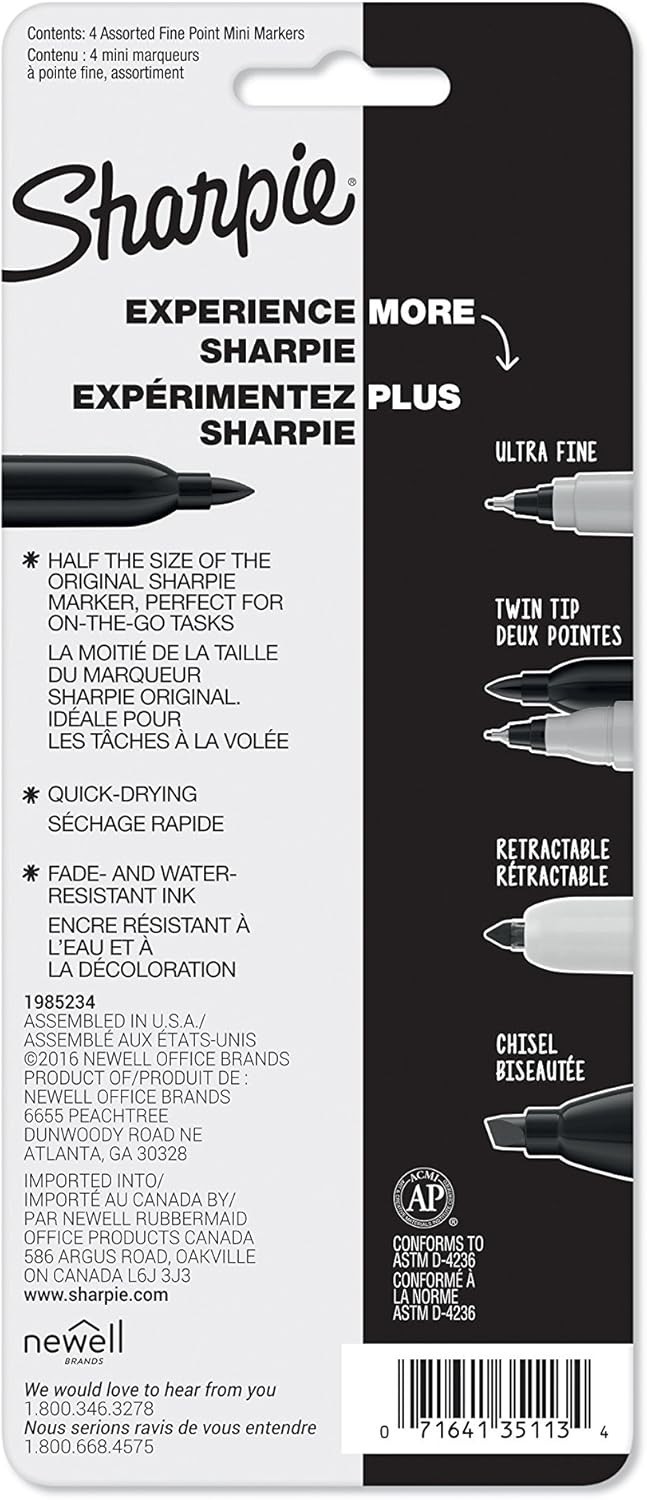 Mini Permanent Markers, Fine Point, Assorted Colors, 4 Count