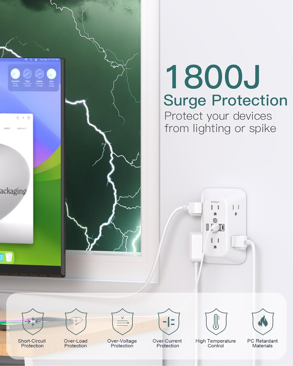 Addtam Surge Protector Outlet Extender, 6-Outlet Splitter with 4 USB Wall Charge