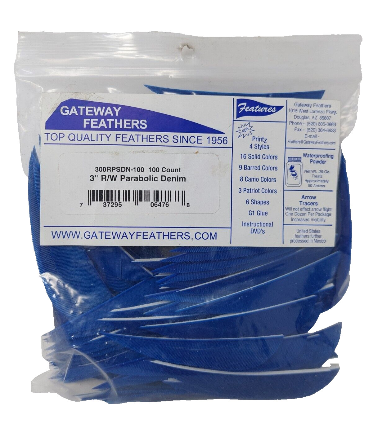 100 Pack Gateway Feathers 3" Right Wing: Parabolic Denim Blue 300RPSDN-100