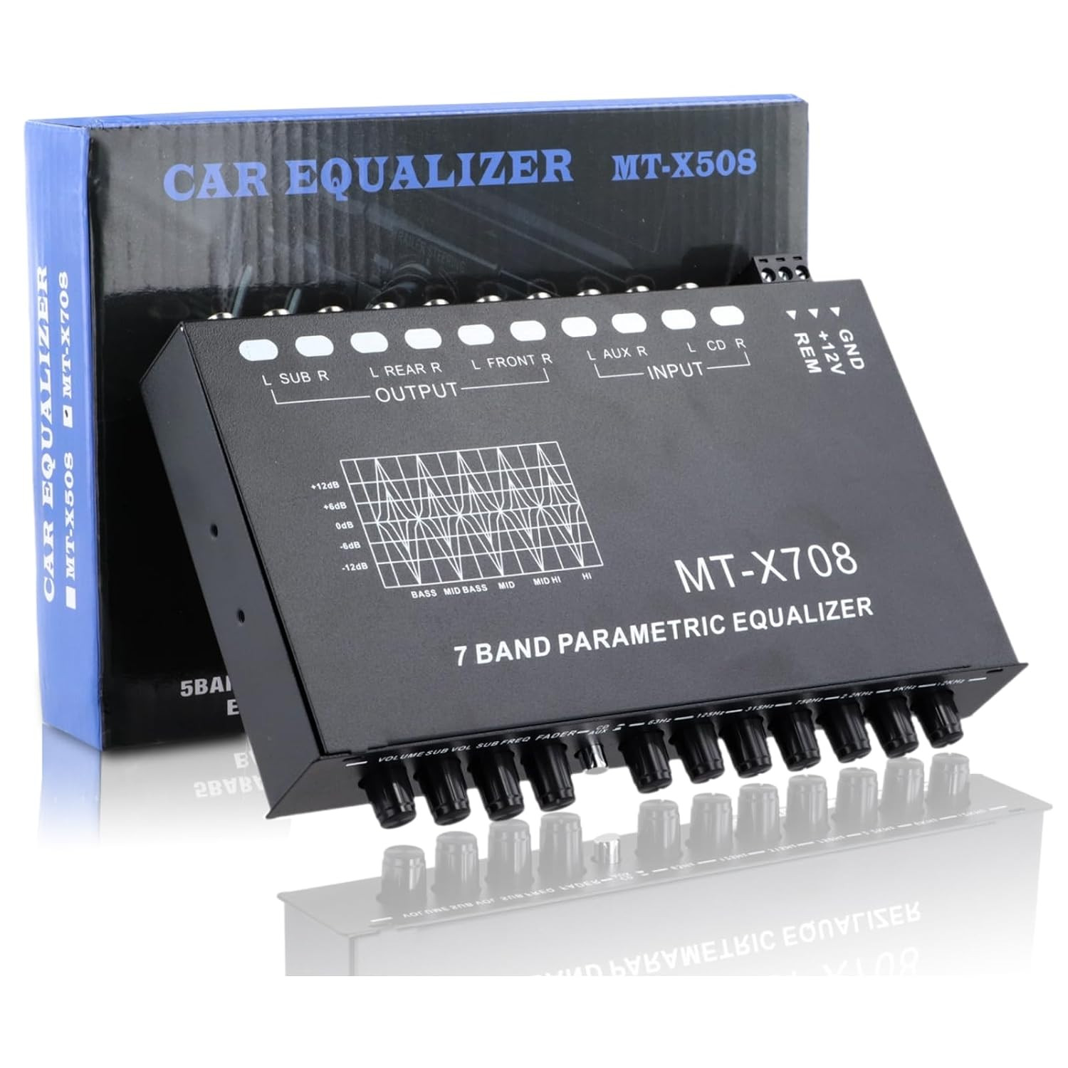7-Band Car Audio Equalizer with Subwoofer Outputs and Adjustable Settings