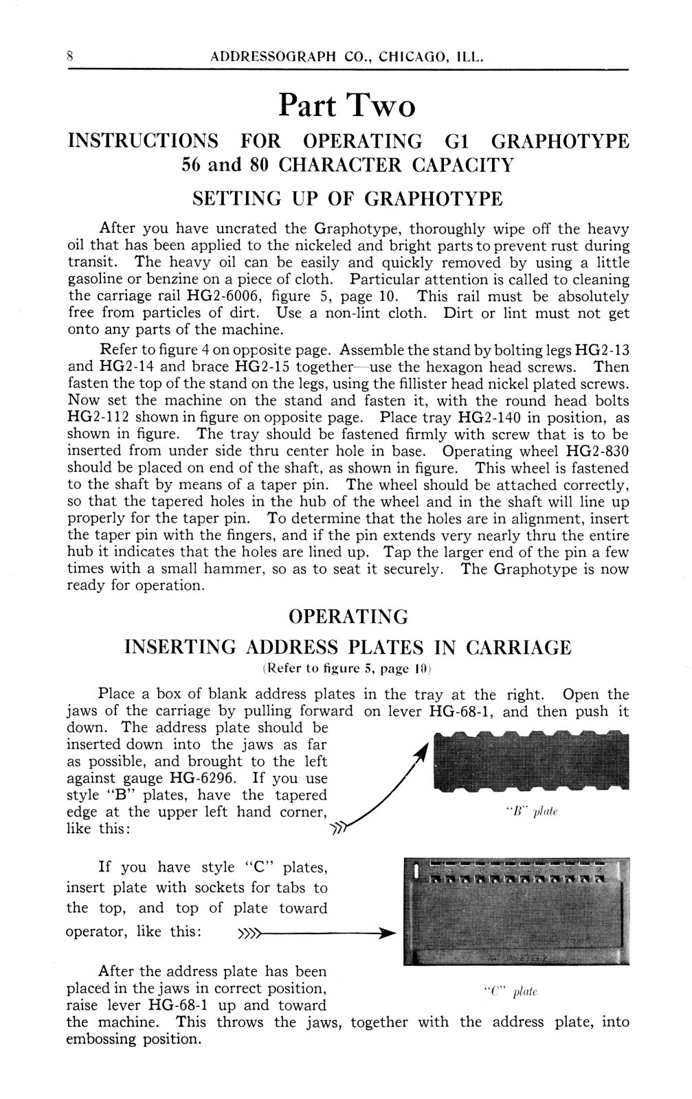 Instructions For Operating Class G1 Graphotype Owners MANUAL