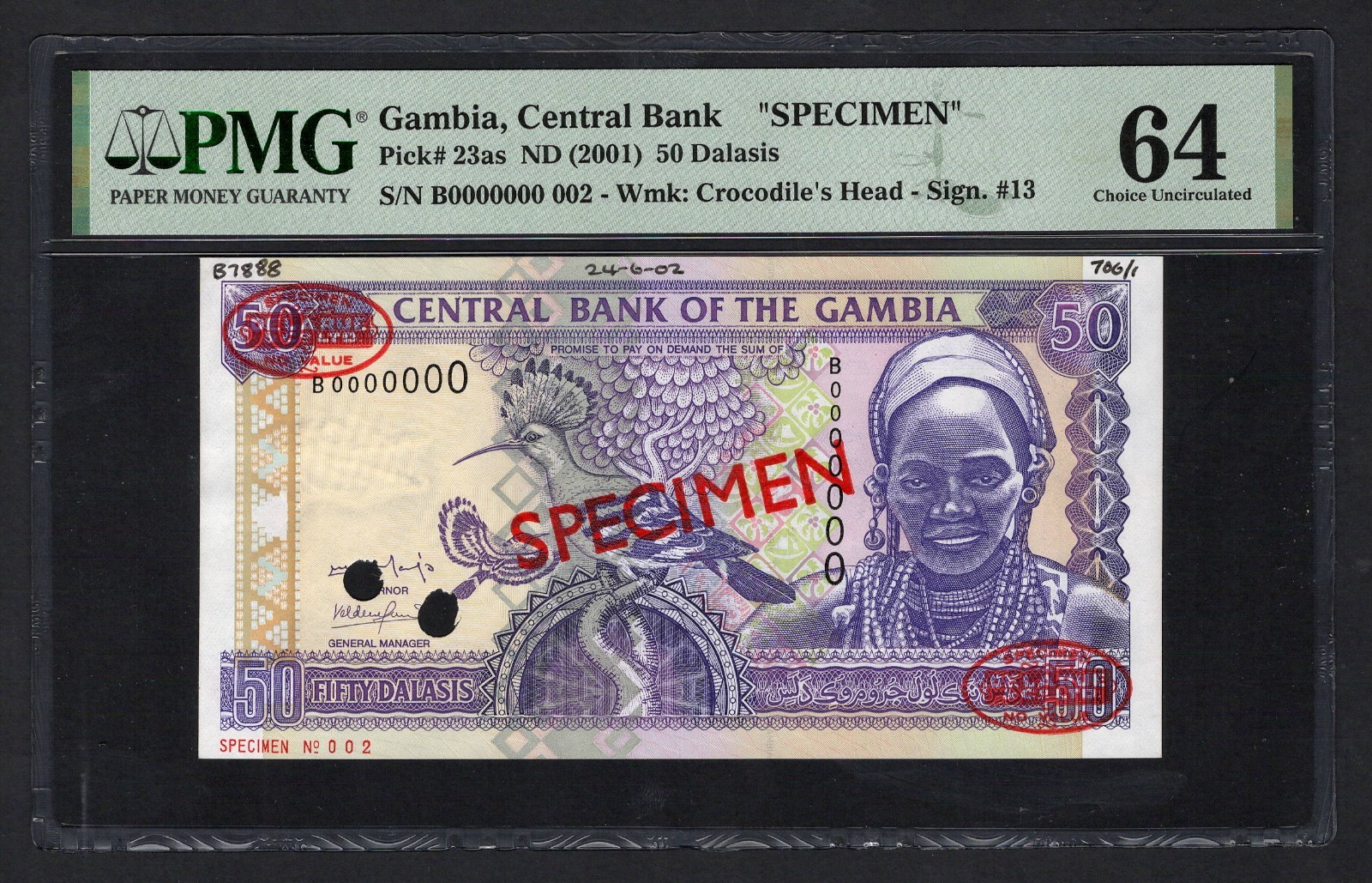 Gambia 50 Dalasis ND(2001) P23as "Specimen N.002" Uncirculated Grade 64