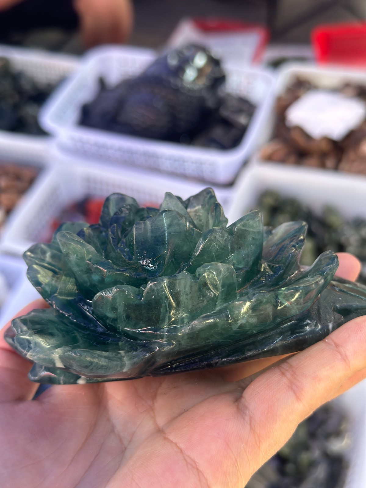 1pc Natural green fluorite Quartz Carved peony flower Crystal Reiki healing gift