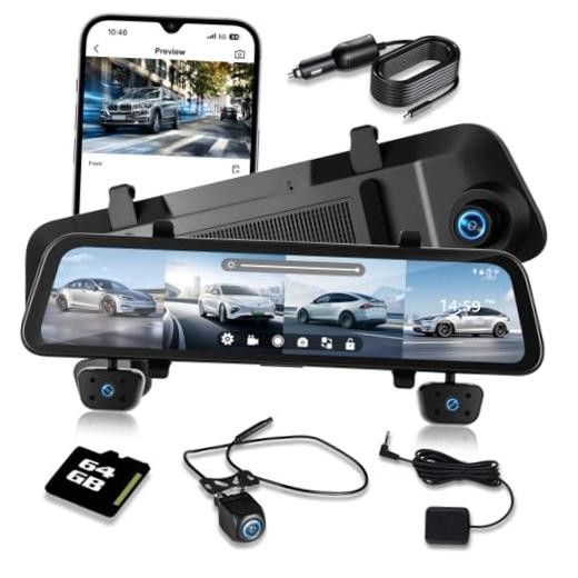 12'' Rearview Mirror Camera for Cars,  360 Degree View 4 Channel Cam, 1080Px4