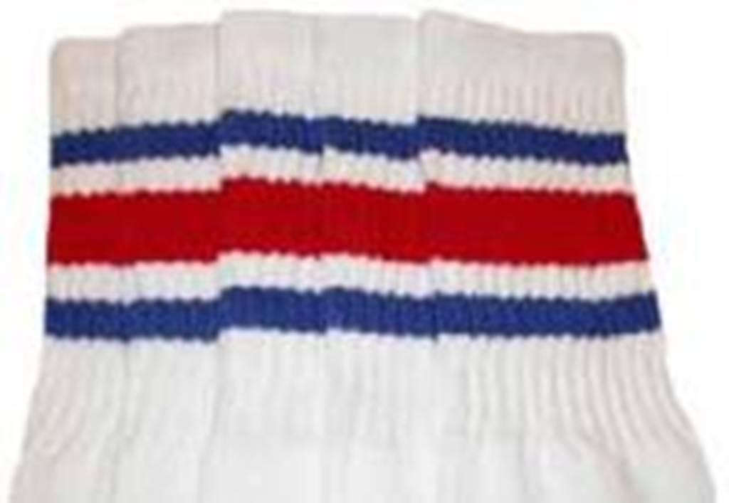 22” KNEE HIGH WHITE tube socks with ROYAL BLUE/RED stripes style 3 (22-55)