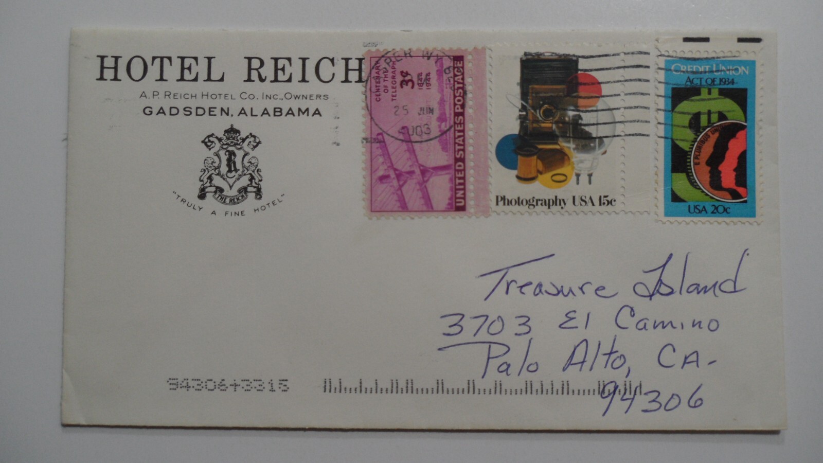 STAMPMART : USA 2003 CASPER WY HOTEL REICH ALABAMA COVER USED TO CALIFORNIA