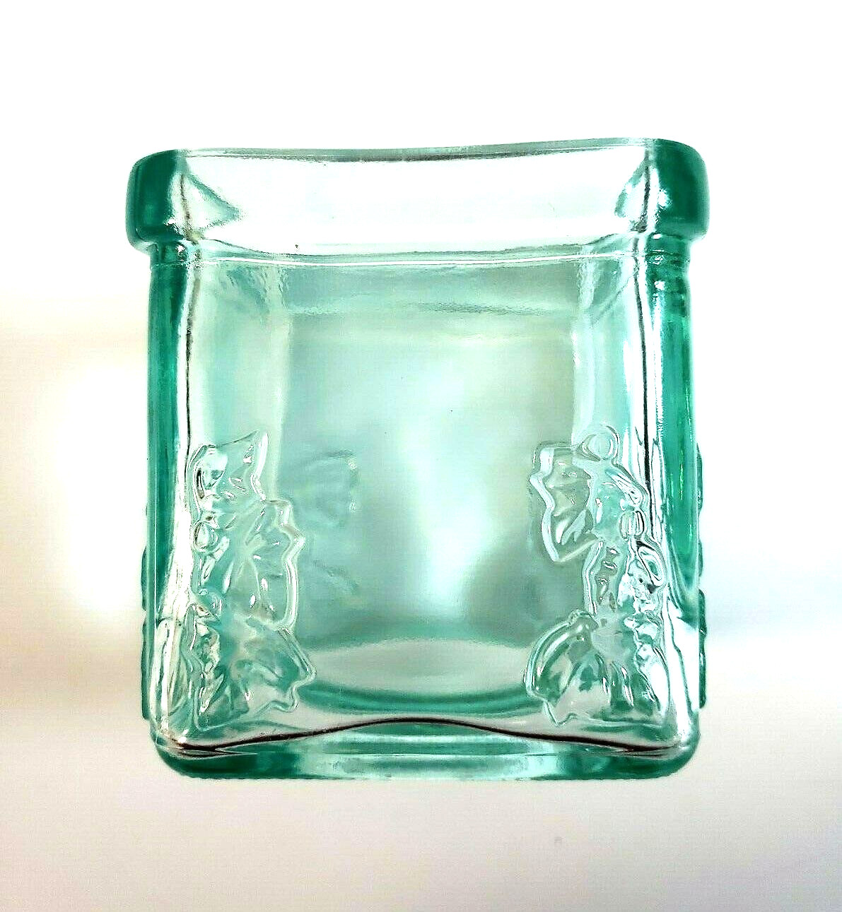 Green Tint Glass CANDLE HOLDER Embossed Leaf 3" x 3" x 3" [Price per EACH]