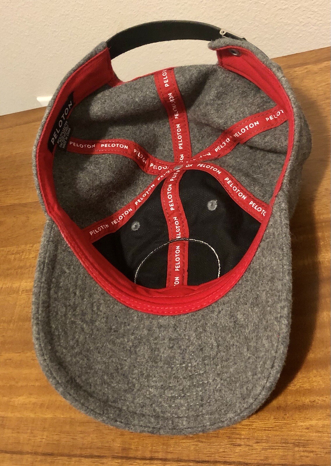 Peloton Cycle Tread Wool Strapback Hat Logo Patch Gray Red Adjustable Cap EUC