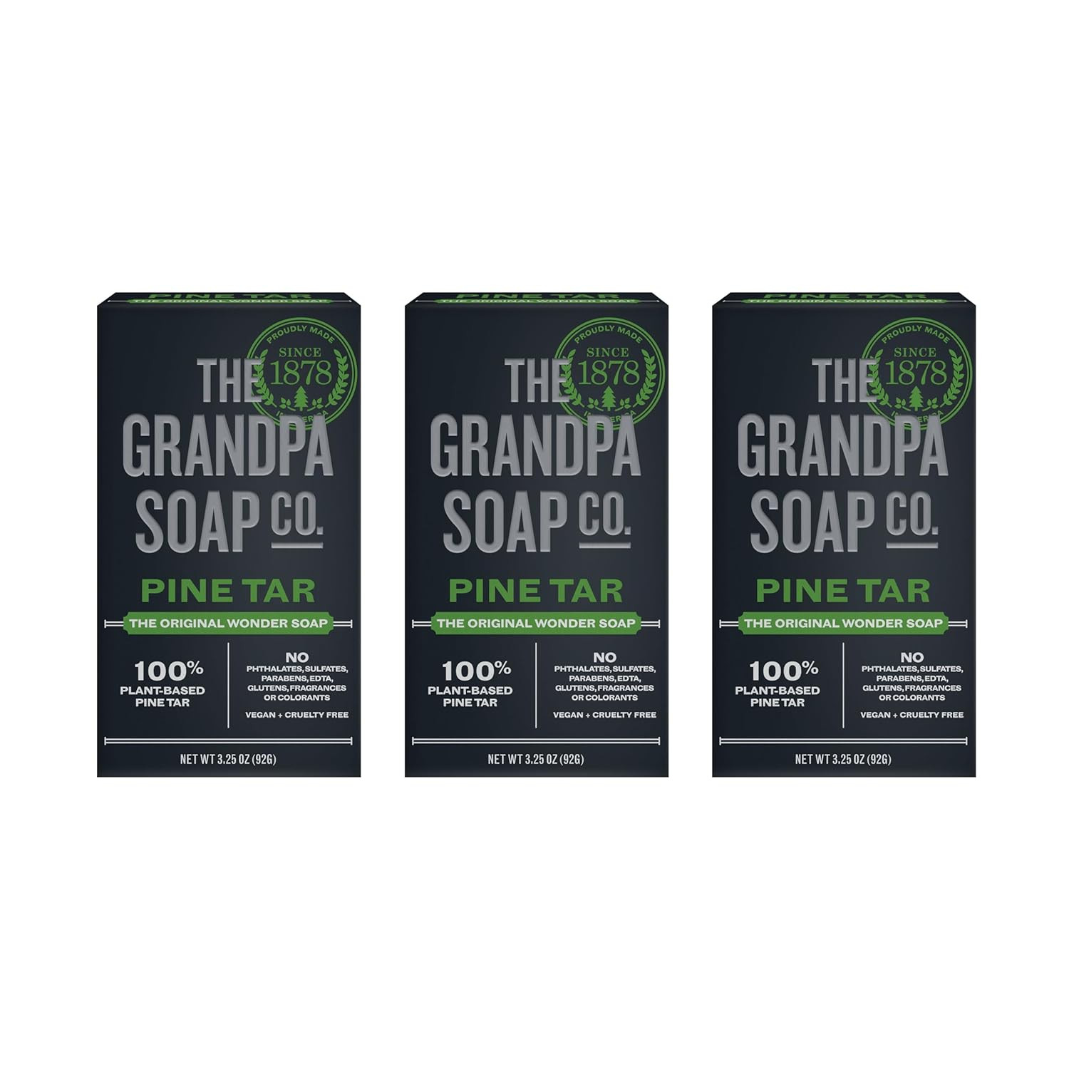 Pine Tar Bar Soap for Men, 3-in-1 Cleanser & Moisturizer, 3.25oz, 3-Pack