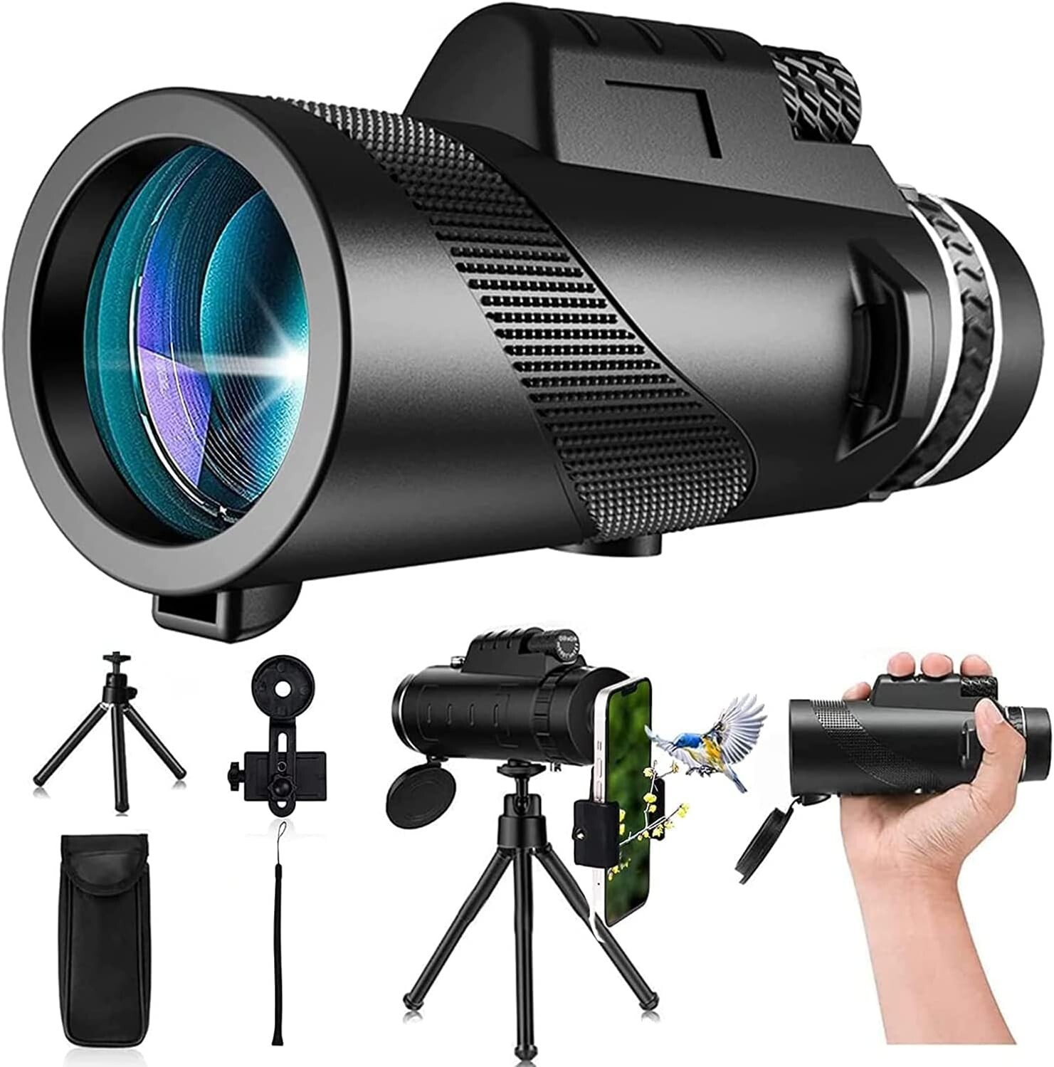 80x100 Monocular-Telescope Powered with Smartphone Adapter And Tripod Stand