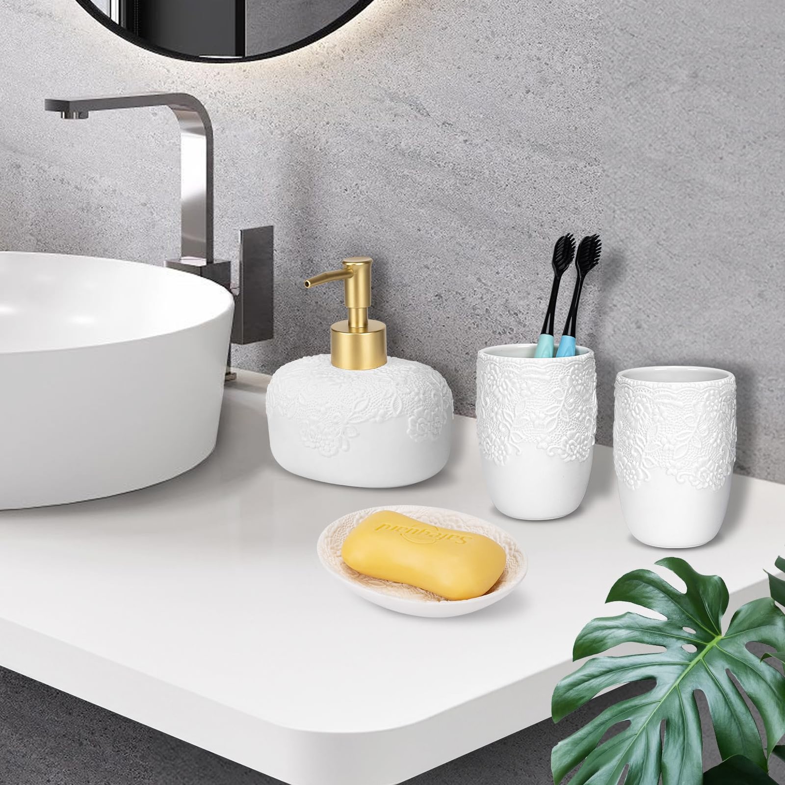 Bathroom Set, 4pcs Ceramic with Embossed Design Look Sets Bathroom Soap Dispe...