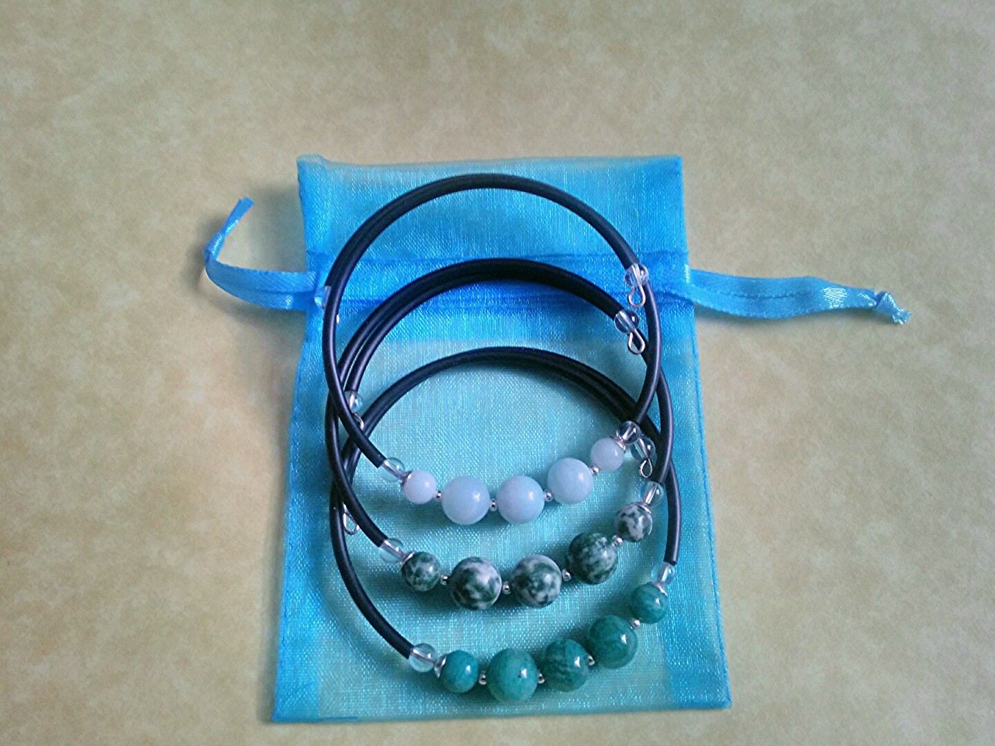 3 Handcrafted Every Day Wear Bracelets Gemstone and .925 Beads Memory Wire Style