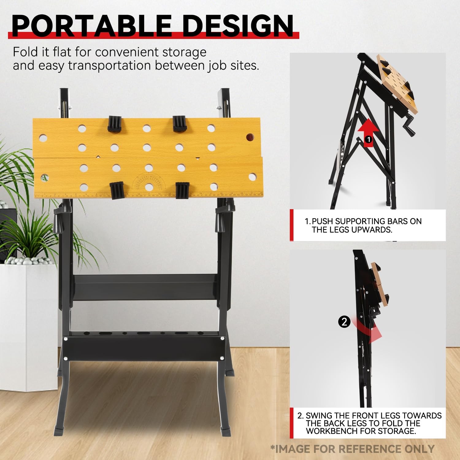 Auto Dynasty Adjustable Folding Workbench with Built-in Ruler & Yellow
