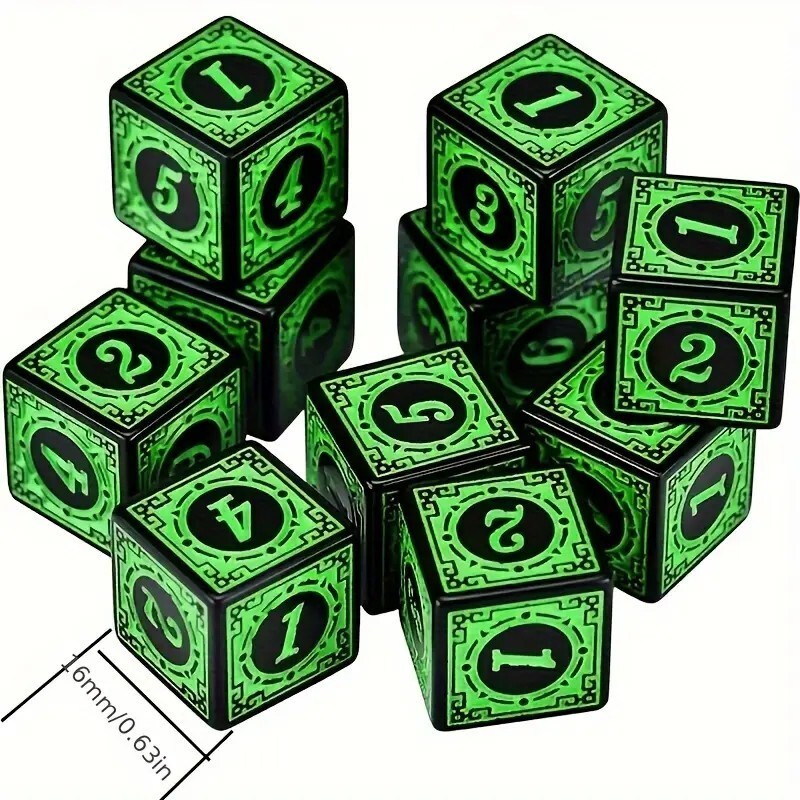 d6, GREEN AND BLACK 16mm DICE SET (10) - WARHAMMER, DUNGEONS AND DRAGONS, NEW