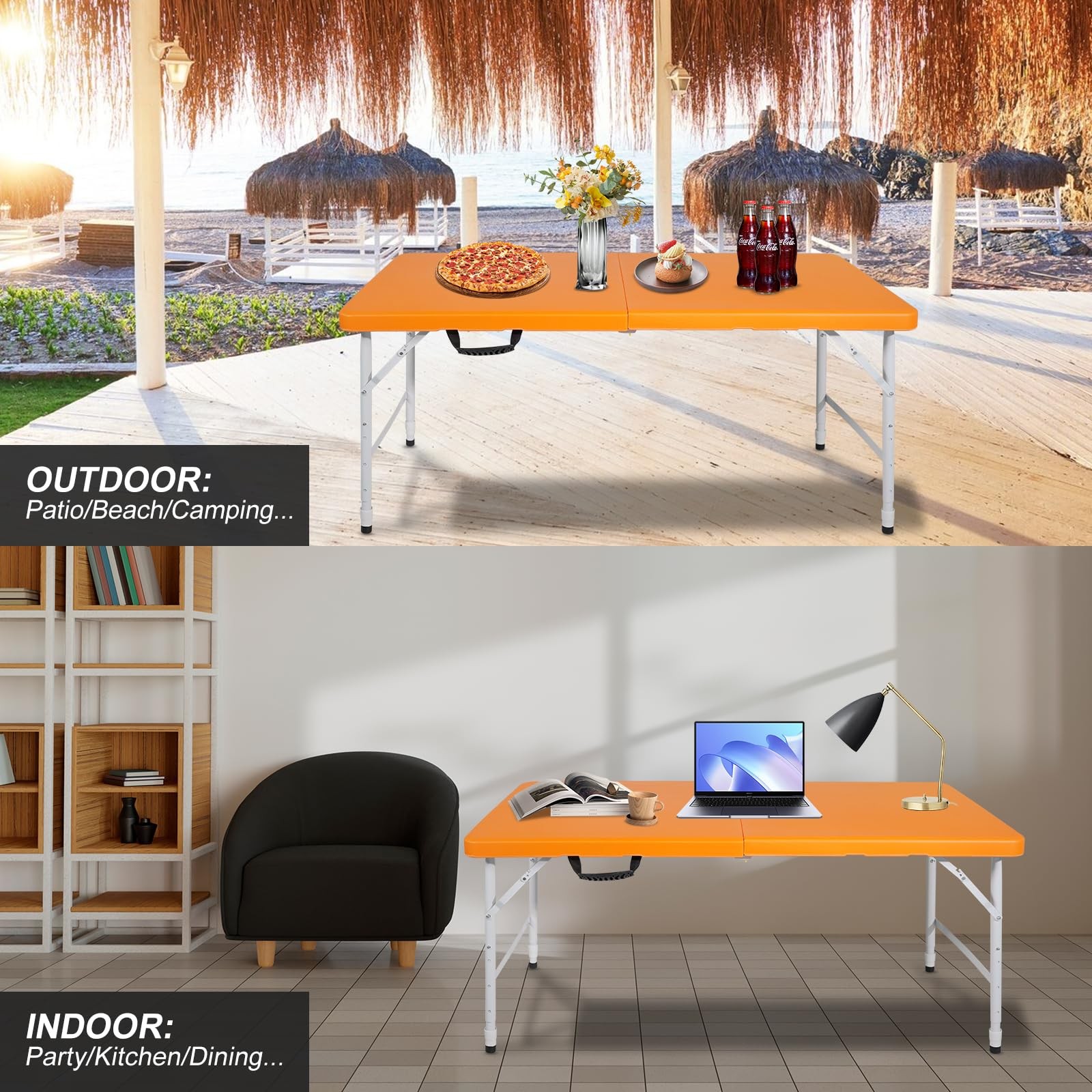 Portable Plastic Folding Table 4ft/6ft/8ft Heavy Duty White-Orange Picnic Din...